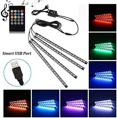 Car LED Strip Light, Uniwit 4 Pcs Multicolor Music Car Interior Atmosphere USB Lights for Car TV Home with Sound Active Function, Wireless Remote Control and Smart USB Port (8.85 Inch - 48 LED)