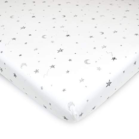 TL Care Printed Natural 100% Cotton Jersey Knit Fitted Bassinet Sheet, Grey Stars and Moon, Soft Breathable, for Boys and Girls