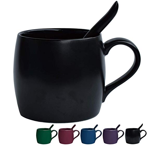 Ceramic Coffee Mug with Spoon, Tea Cup for Office and Home, 14 oz, Dishwasher and Microwave Safe, 1 Pack (Black(Matte))
