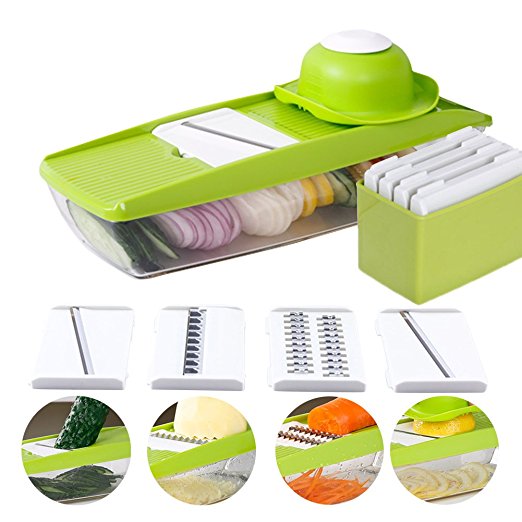 ROMMEKA Mandoline Slicer - 9 in 1 Adjustable Kitchen Slicing Tool with 5 Stainless Steel Interchangeable Blades   Food Container   Safety Food Holder   Butting Board   Blade Storage Box