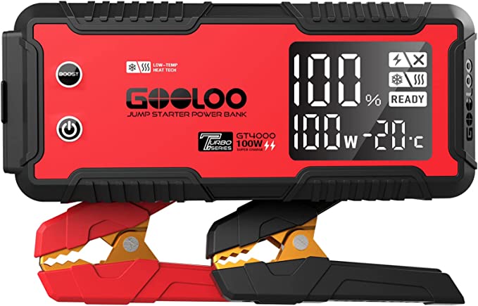 GOOLOO GT4000 Car Jump Starter 4000A 100W Fast-Charging 12V SuperSafe Portable Battery Booster Pack with -40℉ Pre-Heating Tech, 26800mAh Auto Box Jumper Cables for 10L Diesel and 12L Gas Engine, Red