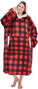 yescool Wearable Blanket Hoodie, Flannel Sherpa Fleece Blanket Sweatshirt for Adults Women Men, Big Plush Cozy Hooded Blanket with Hood, Pocket & Sleeves, Large, One Size Fits All (Red Checkered)