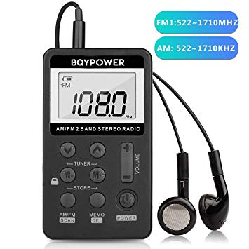 Personal AM FM Pocket Radio, BQYPOWER Portable Mini Digital Tuning Stereo with Rechargeable Battery and Earphone for Walk/Jogging/Gym/Camping