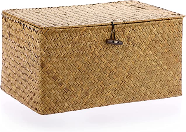 Hipiwe Wicker Shelf Baskets Bin with Lid, Handwoven Seagrass Basket Storage Bins Rectangular Household Basket Boxes for Shelf Wardrobe Home Organizer, Caramel Large