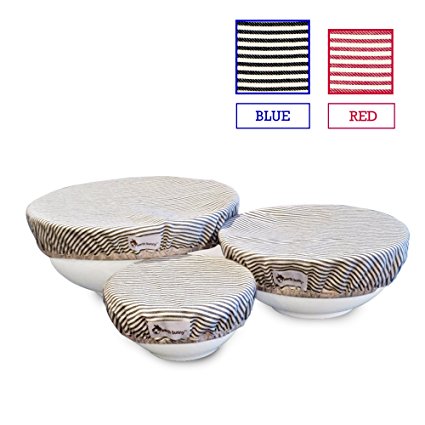 Earth Bunny Fabric Bowl Covers - Blue Stripes | Set of 3 - Small, Medium, Large | 100% Cotton Cloth with Elastic Edging | Eco Friendly, Washable and Reusable