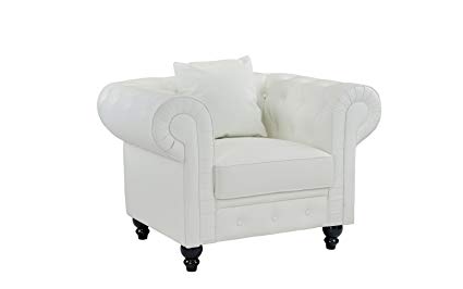 DIVANO ROMA FURNITURE Classic Scroll Arm Tufted Bonded Leather Accent Chair, White