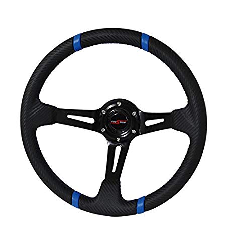 350mm Deep Dish Steering Wheel 6 Bolt Universal Custom (Black Blue/ Carbon Finish)