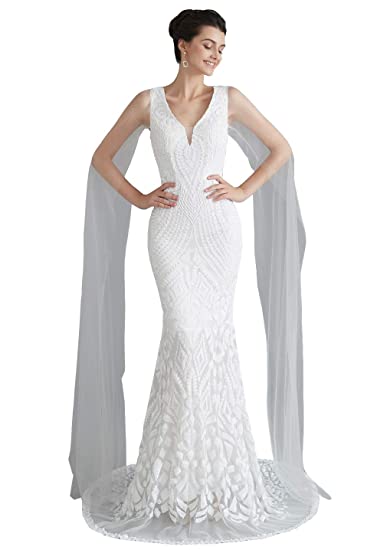 Ikerenwedding Women's V-Neck Sequins Mermaid Evening Dress with Sheer Sleeves
