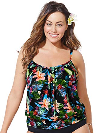 Swimsuits for All Women's Plus Size Tropical Print Blouson Tankini Top