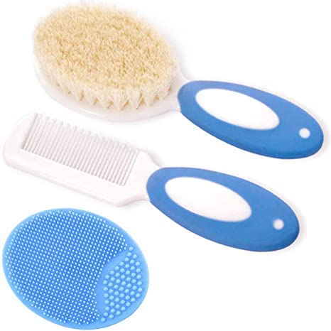 Baby Hair Brush and Comb Set for Newborns & Toddlers | Natural Soft Goat Bristles | Ideal for Cradle Cap | Perfect Baby Registry Gift (Blue)