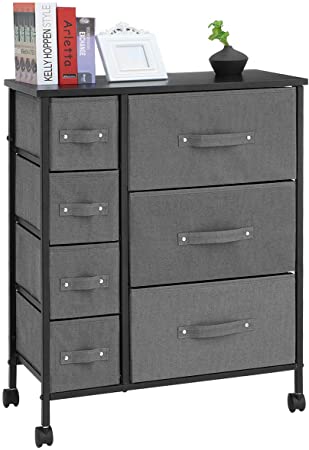 7 Drawers Dresser - KINGSO Furniture Storage Tower Organizer Unit with Sturdy Steel Frame and Easy-Pull Chest of Drawers for Bedroom Living Room Guest Room Dorm Closet - Gray