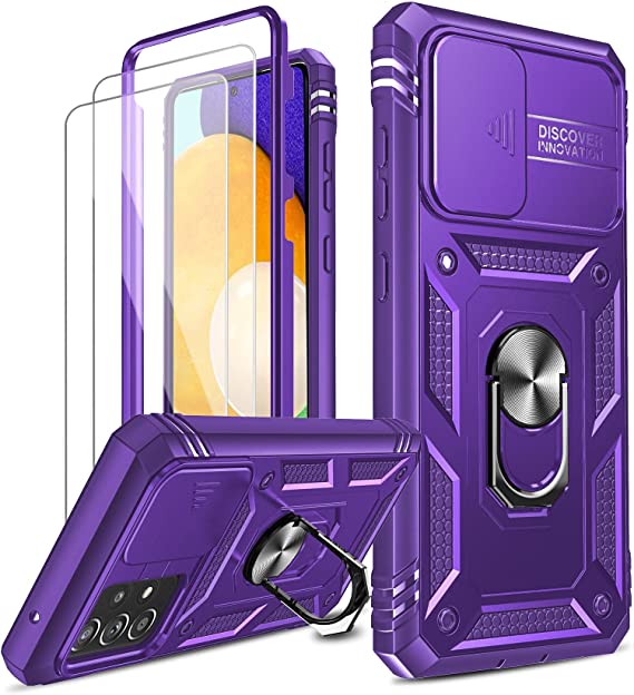 Samsung Galaxy A52 5G Case, A52 5G Phone Case with Slide Camera Cover   [2 Pack] HD Screen Protector, LeYi 360 Full Body Shockproof Case with Kickstand for Galaxy A52 5G, Purple