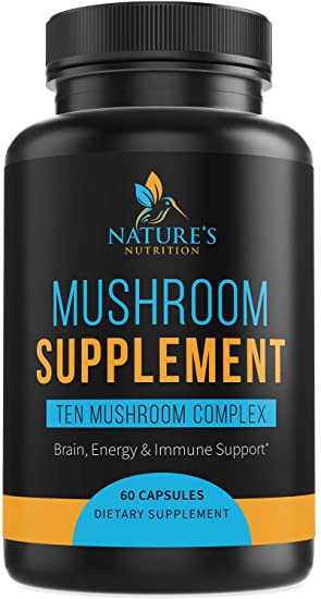 Mushroom Supplement with Lions Mane, Reishi, Chaga, Maitake - Daily Immune System and Nootropic Brain Support Formula - Made in USA - Natural Energy and Focus - 60 Capsules