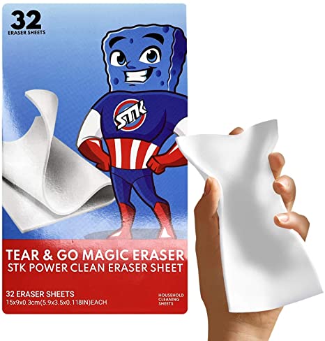 STK Magic Tear & Go Cleaning Sheets - 32 Tear Off Magic Cleaning Sheets for All Surfaces - Kitchen-Bathroom-Furniture-Leather-Car-Steel - Add Water to Erase All Dirt - Melamine - Universal Cleaner