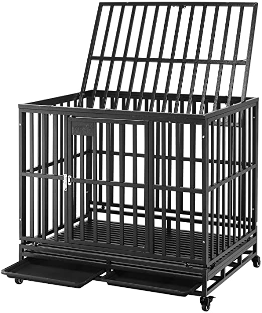 PUPZO Dog Cage Crate Kennel Heavy Duty Tear Resistant Square Tube with Four Wheels for Large Dogs Easy to Install(42in Black)