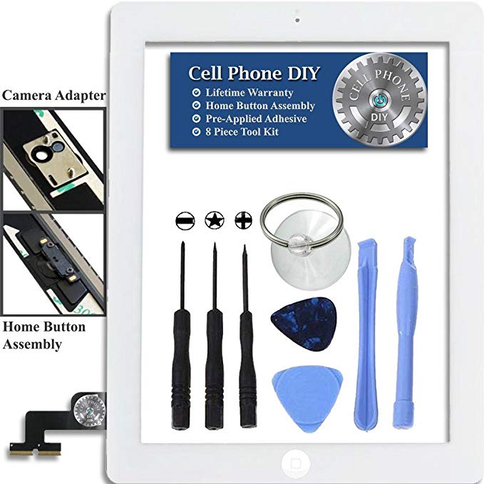 White iPad 2 Digitizer Replacement Screen Front Touch Glass Assembly Replacement - Includes Home Button   Camera Holder   Pre-Installed Adhesive with Tools – Repair Kit by Cell Phone DIY