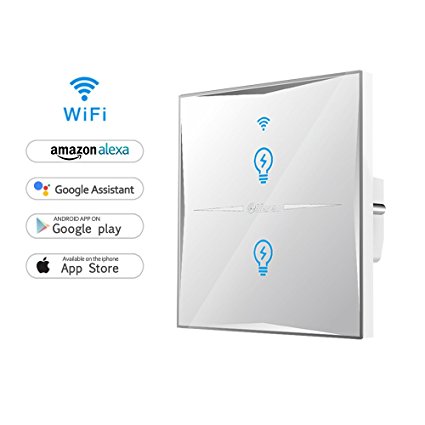 Wifi Smart Light Switch, In-wall Tempered Glass Touch-Screen WLAN Light Switch,Works With Amazon Alexa And Google Home,Control Your Fixtures From Anywhere,Timing Function,Overload Protection,No Hub Required (Switch-2 Gang)