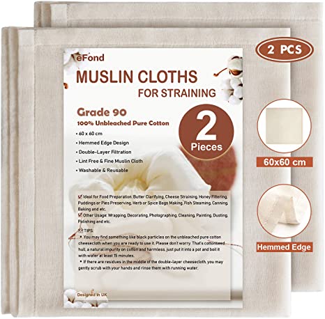 eFond Muslin Cloths for Straining, 60X60cm Hemmed Cheesecloths for Straining Reusable, Grade 90 Double Layer Filtration, Unbleached Pure Cotton Muslin Cloths for Cooking, Milk Strainer (2 Pieces)