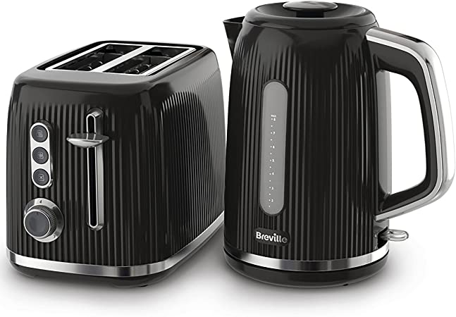 Breville Bold Black Kettle and Toaster Set | with 1.7 Litre, 3KW Fast-Boil Electric Kettle and 2-Slice High-Lift Toaster | Black and Silver Chrome [VKT221 and VTR001]