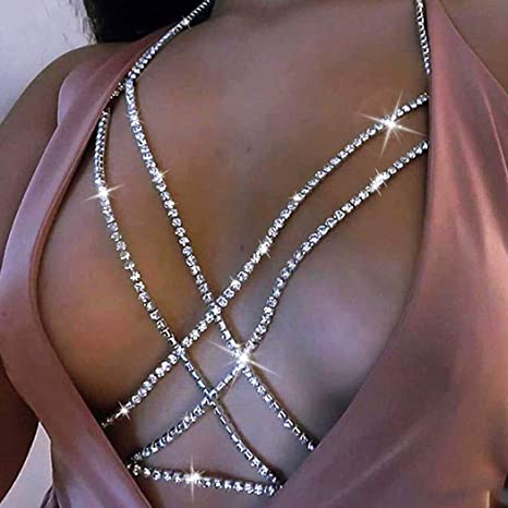 Victray Crystal Body Chain Bikini Body Chains Nightclub Chest Chain Fashion Body Jewelry for Women and Girls (Gold)