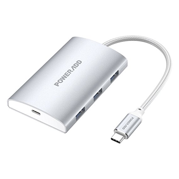 Poweradd Type-C Hub with Power Delivery, with 1 Type-C Port & 3 USB 3.0 Ports for New MacBook / Chromebook Pixel and More (Silver)