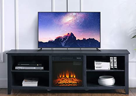 Ohuhu 70" Modern TV Stand with Electric Fireplace, 4 Storage Media Shelves, Flame Brightness Adjustable, Fast Heating and Overheat Protection for Living Room, Apartment, Entertainment Center, Black