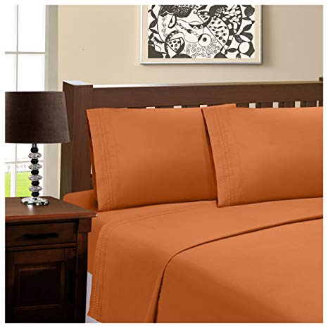 Superior Infinity Embroidered Luxury Soft, Cooling 100% Brushed Microfiber 4-Piece Sheet Set, Light Weight and Wrinkle Resistant - Queen Sheets, Pumpkin