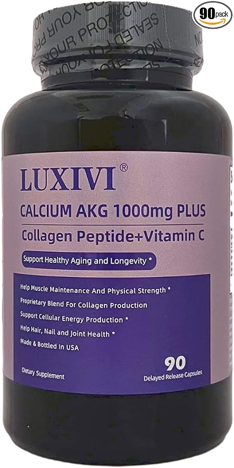 LUXIVI Calcium AKG 1000mg Plus, Collagen Peptide   Vitamin C, Support Healthy Aging Processes, Longevity and Cellular Energy, 90 Delayed Release Capsules.