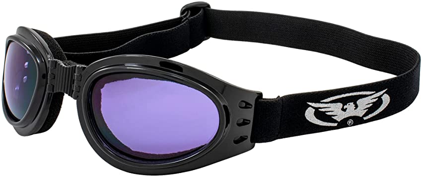 Global Vision Adventure Folding Padded Motorcycle Goggles Black Frames with Purple Lenses