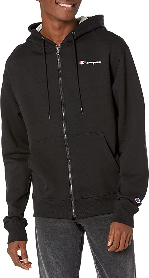 Champion Men's Powerblend Graphic Full Zip Hoodie, Men’s Hooded Jacket, Men’s Zip Up Jacket, Men’s Hoodie Jacket, Black Small Script, Large