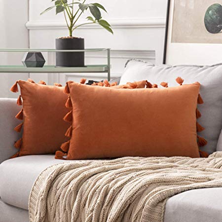 MIULEE Pack of 2 Velvet Soft Solid Decorative Throw Pillow Cover with Tassels Fringe Boho Accent Cushion Case for Couch Sofa Bed 12 x 20 Inch Orange