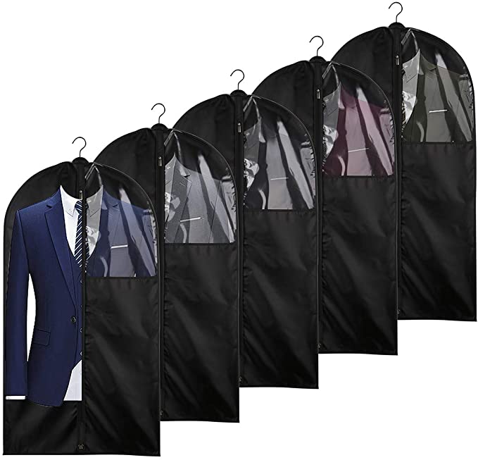 Foraineam 5 Pack 43 Inch Oxford Fabric Garment Bag Suit Cover Bags with Zipper and Transparent Window for Travel and Storage, Anti-Moth Protector, Washable Suit Bag for Suits, Coats, Shirts, Dresses