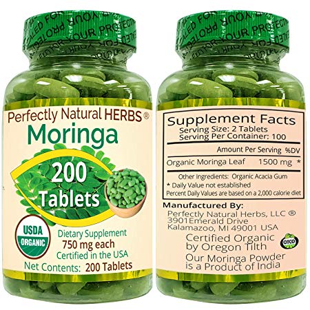 Organic Moringa Tablets, USDA Certified, 750 mg, 200 per Bottle by Perfectly Natural Herbs