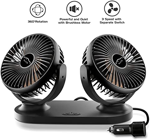 ELUTO Car Fan 12V/24V Cigarette Lighter Electric Auto Cooling Fan 3 Speed 360 Degree Rotatable Dual Head Car Fans Air Circulator for Car SUV RV Boat Auto Vehicles(5 Inches)