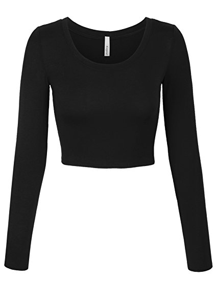 KOGMO Womens Long Sleeve Basic Crop Top Round Neck With Stretch
