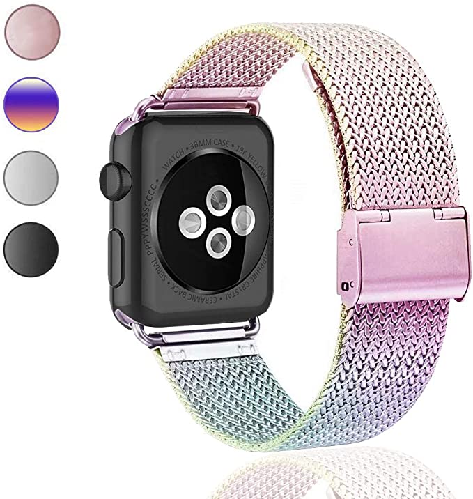 ZXFYE Compatible with Apple Watch Band 38MM 42MM 40MM 44MM,Stainless Steel Mesh Breathable Wristband Loop Replacement Parts for iWatch Series 4 3 2 1 (Colorful, 42mm/44mm)