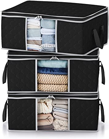 Lifewit Clothes Storage Bag Foldable Storage Bin Closet Organizer with Reinforced Handle Sturdy Fabric Clear Window for Sweaters, Coats, T-Shirts, Blankets, 3 Pack, 35L, Black