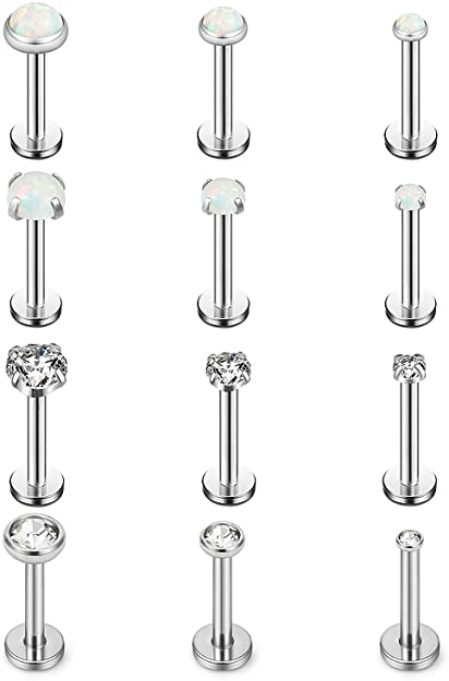 Ruifan Opal Jeweled Internally Threaded Stainless Steel Labret Monroe Lip Ring Tragus Helix Earring Stud 16G 5/16" 8mm 3-12PCS