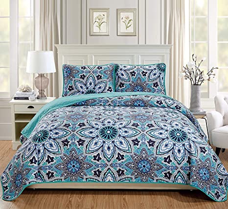 Fancy Linen 2pc Twin/Twin Extra Long Bedspread Quilt Set Over Size Bed Cover with Flowers Turquoise Navy Blue Grey White New