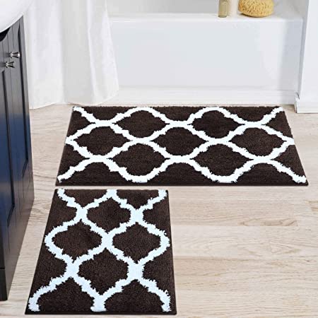 Olanly Luxury Bathroom Rug Mat Set 2 Piece, Soft and Absorbent Microfiber Bath Mats, Non-Slip Shaggy Bath Carpet, Machine Wash Dry, Bath Rugs for Bathroom Floor, Tub and Shower 17"x24" 20"x32", Brown