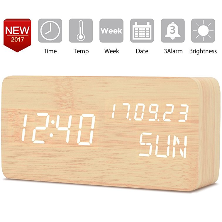TXL Wooden Digital LED Alarm Clock with Time,Week,Temperature,Clander Display, Acoustic/Touch Control, USB/Battery Powered,Desktop Table Clock (Bamboo, White LED)