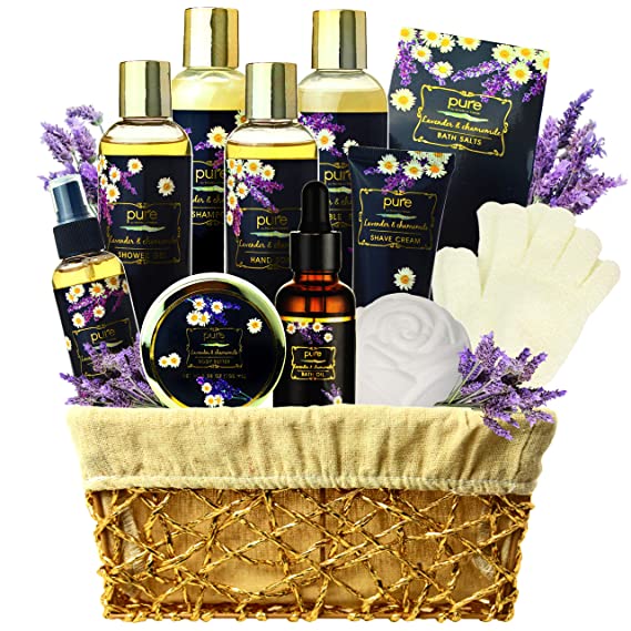 Lavender Chamomile Natural Spa Gift Basket, Lavender Aromatherapy Luxurious Bath and Body Gift Set 8 Piece Home Spa Kit. Best Relaxing Gift Basket for Mom as Mothers Day Gift Set!