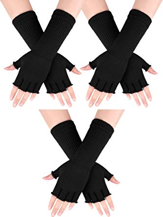 Boao 3 Pairs Long Fingerless Gloves Winter Knit Arm Warmers Stretchy Half Finger Mittens for Women Girls