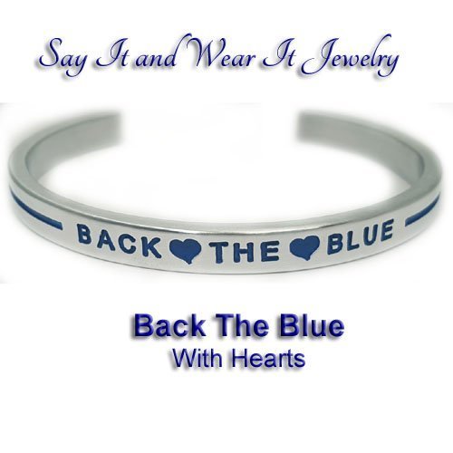 Back The Blue with Thin Blue Lines and Hearts |:| Engraved Handmade Jewelry Bracelet Silver Color