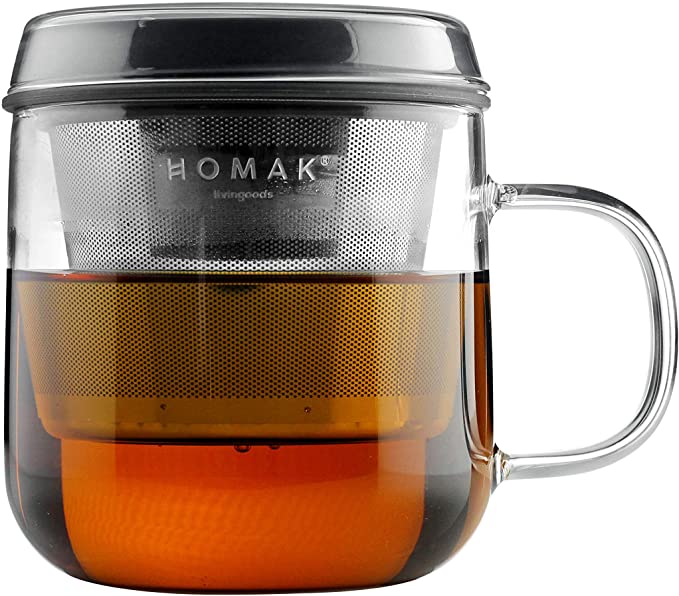 HOMAK - Tea/Coffee Glass Mug with Stainless Steel Infuser and Lid, Superb Double-Layer Strainer, for Loose Tea or Coffee Powder - Large (420ml / 14oz) (Single Walled Glass, Black)