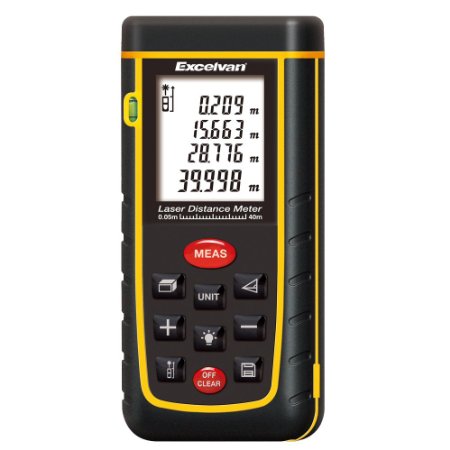 Excelvan Newest Handheld Laser Distance Meter with Bubble Level Rangefinder Range Finder Tape measure 0.05 to 40m (0.16 to 131ft) Large LCD with Backlight - Black&Yellow