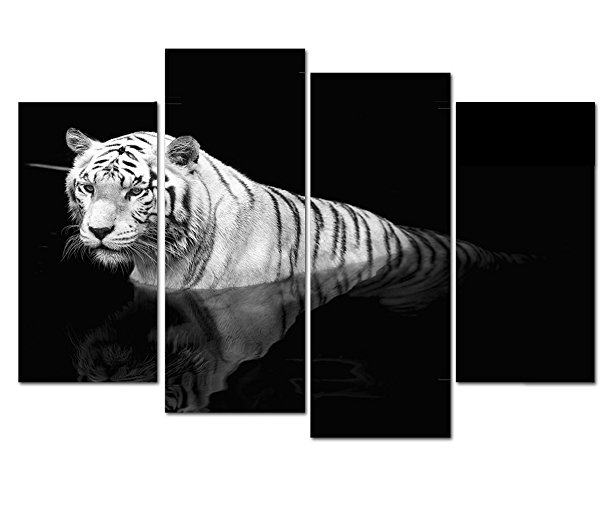 Wieco Art - Large Tiger Modern Black and White Artwork Stretched and Framed Giclee Canvas Prints 4 Piece Animals Pictures Photo Paintings on Canvas Wall Art for Living Room Bedroom Home Decorations