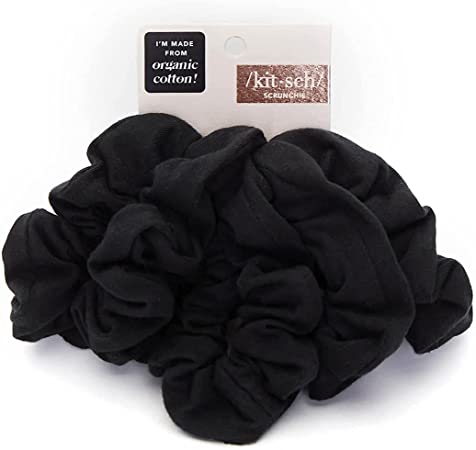 Kitsch Organic Cotton Knit Scrunchies, Hair ties, Ponytail, Hair Accessories, 5pc Set (Black)