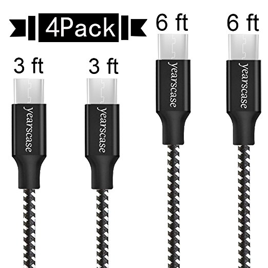 USB Type C Cable, yearscase 4 Pack Premium Nylon Braided Fast Charger Cord (USB 2.0) for Samsung Galaxy S9,Note 8,S8 Plus,LG V30 V20 G6 G5,Google Pixel,Nexus 6P 5X,Moto Z Z2, New Macbook (Black&White)