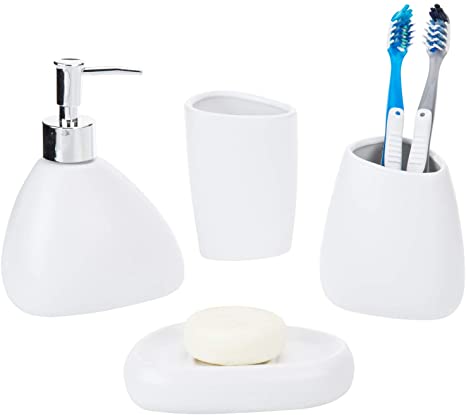 MyGift 4 Piece Modern White Ceramic Bathroom Accessory Set with Pump Dispenser, Tumbler, Toothbrush Holder and Soap Dish